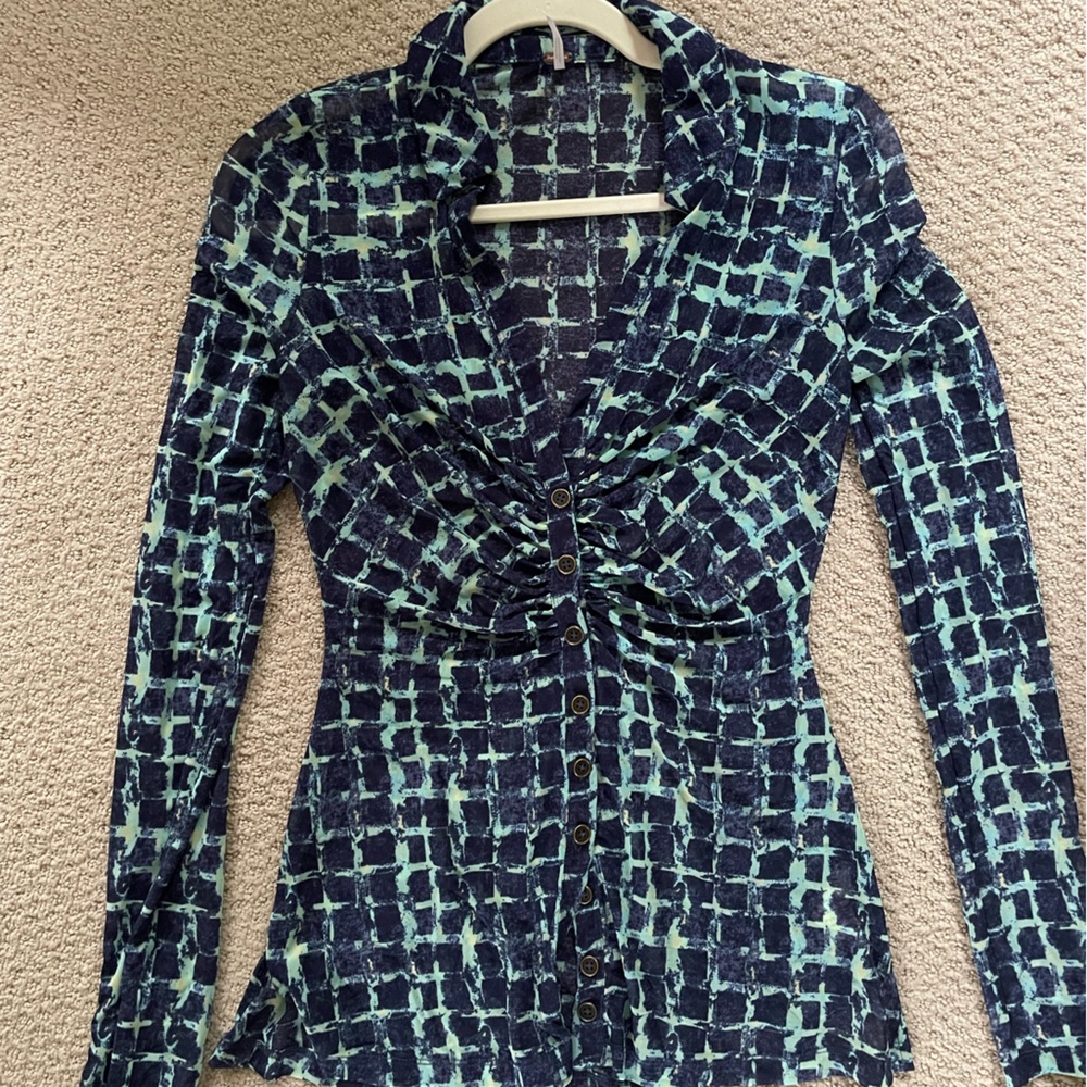 Light + dark blue sheet button up Lucky Shirtee Free People top